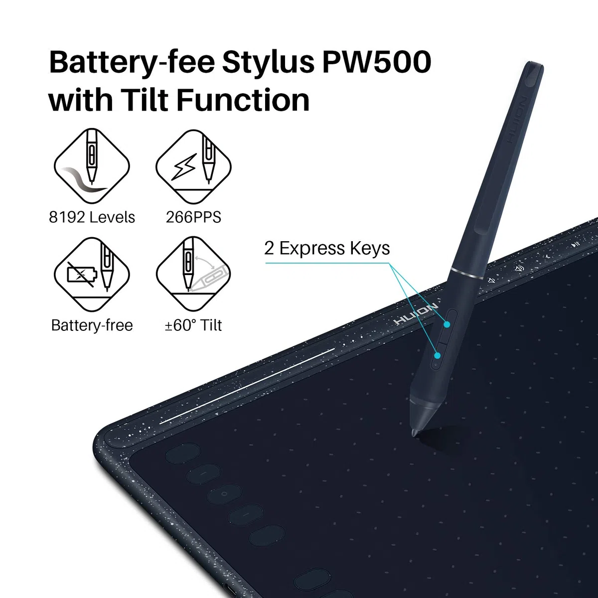 2020 HUION HS611 Grafiktablett Android unterstützt Stift Tablet Neigefunktion, Batteriefreier Stylus 8192 Stift Druck mit 8 Multimedia-Tasten, 10 Express-Tasten und Touch-Strip(Sternenblau)