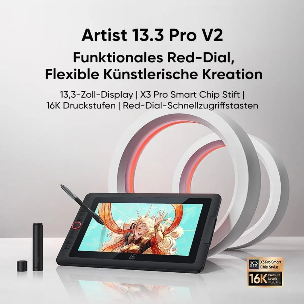 XPPen Artist 13.3 Pro V2 Grafikdisplay für PC, 13.3 Zoll Grafiktablett mit 16K Stift, 99% sRGB, kompatibel mit Windows, macOS, Android, ChromeOS, Linux