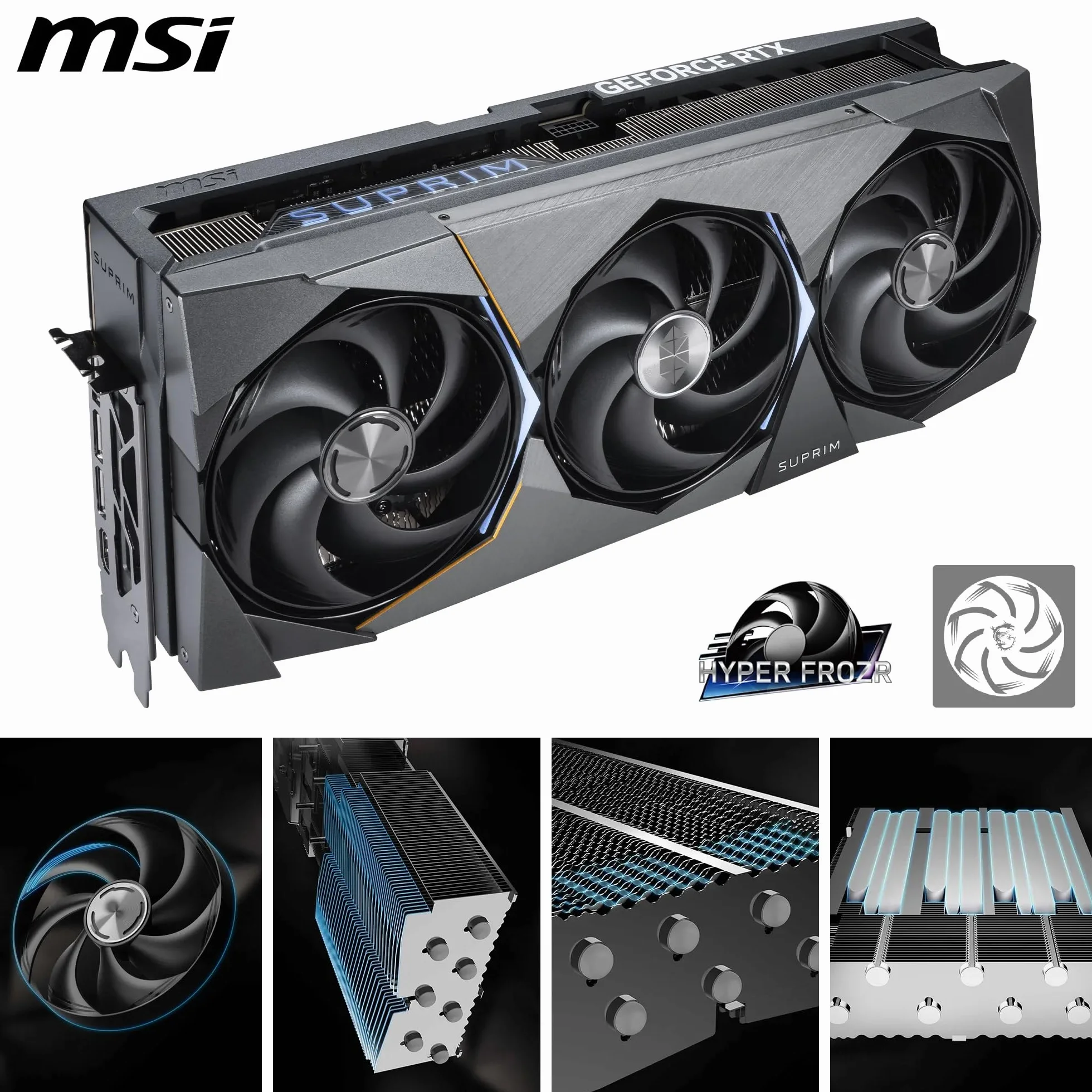 MSI GeForce RTX 5090 32G SUPRIM SOC — 32GB GDDR7 (28Gbps/512-bit), PCIe 5, Boost: 2565 MHz, HDMI 2.1b, DisplayPort 2.1b