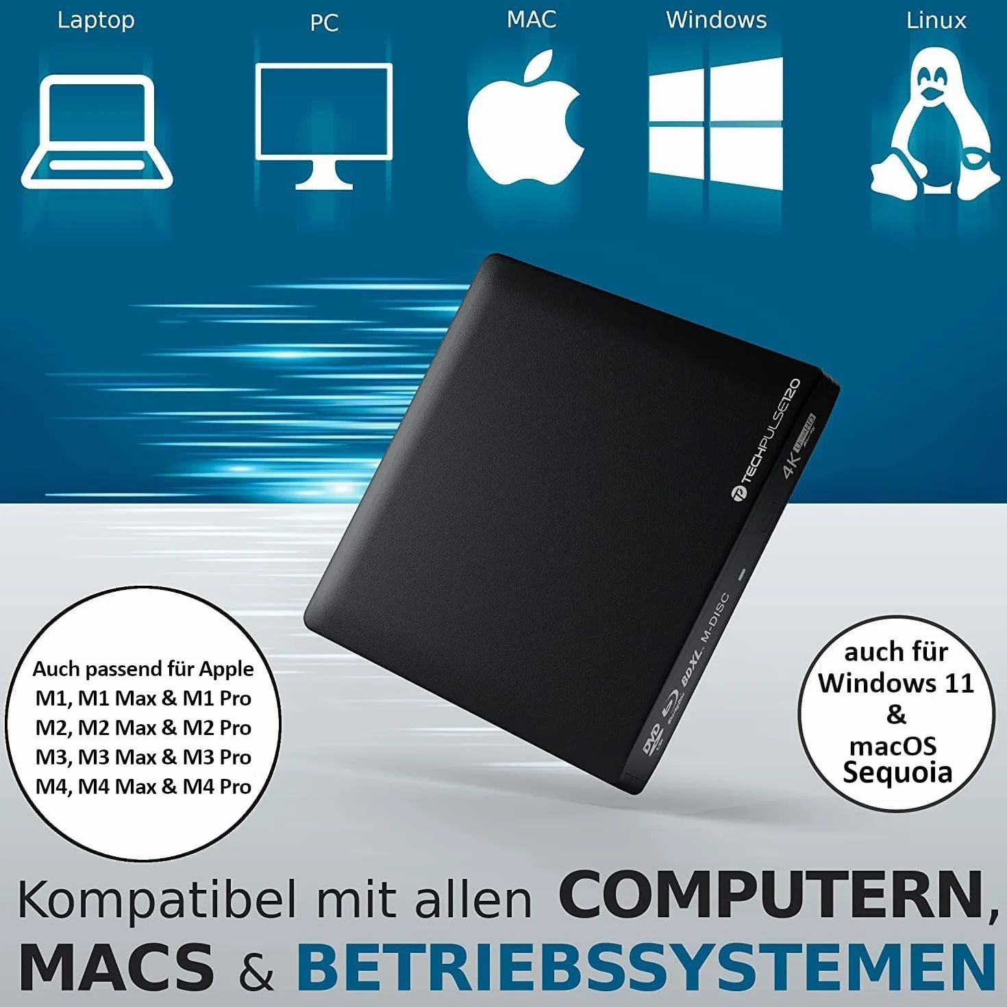 techPulse120 Externes USB 3.1 USB-C UHD 4k 3D M-DISC Blu-ray DVD CD BDXL HDR10 128GB Laufwerk Brenner Burner Superdrive BD Imperator Paket Tasche 90cm Anschlusskabel Aluminium Schwarz
