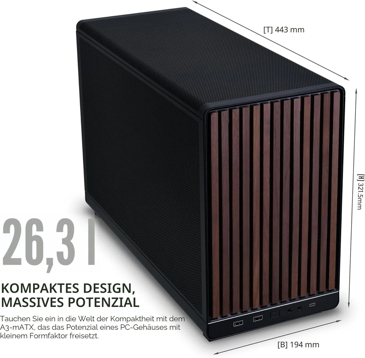 Lian Li DAN Cases A3-mATX PC-Gehäuse, anpassbares Layout, 415 mm GPU-Klarheit, unterstützt bis zu 360 mm Radiatoren, Stahl, Kunststoff, Schwarz