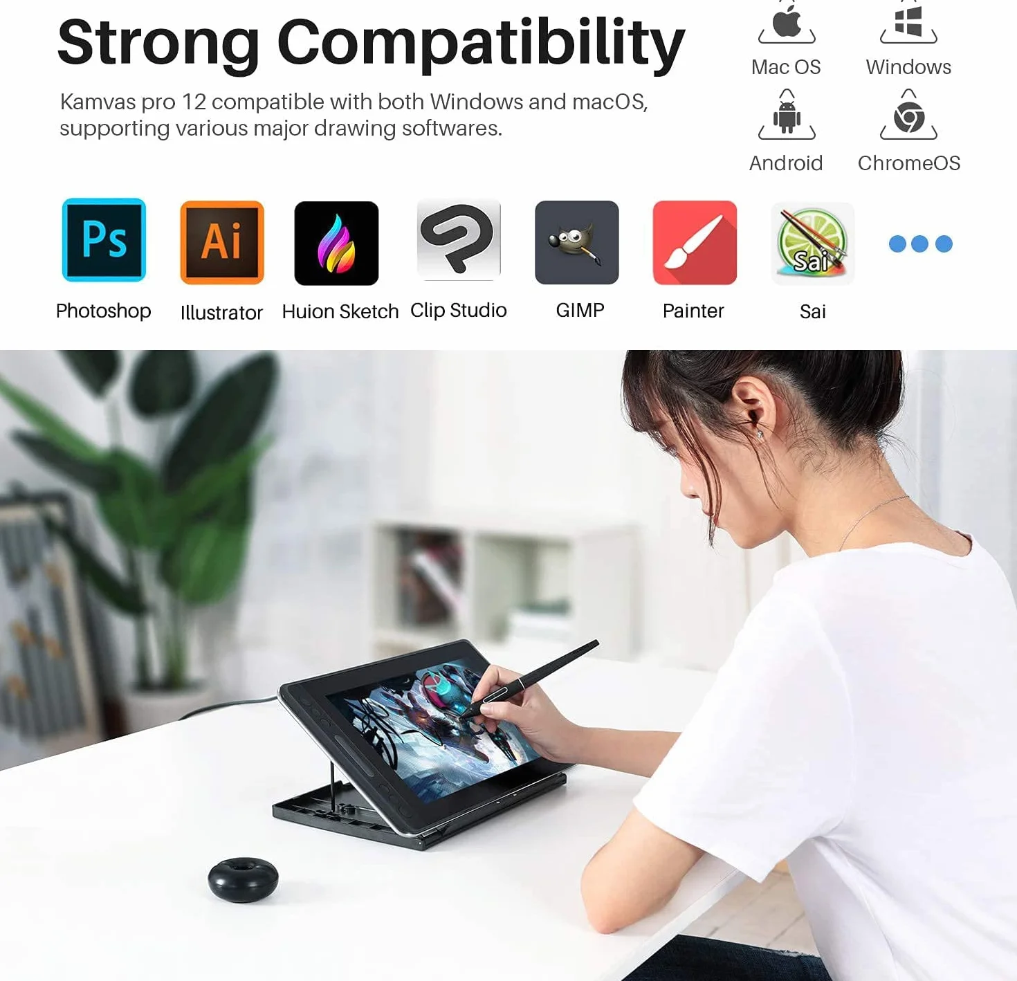Huion Kamvas Pro 12 Grafiktablett mit Display, 11,6 Zoll Volllaminierter Zeichenmonitor, mit Batterielosem Stift und Verstellbarem Ständer, Ideal für Die Arbeit von zu Hause und Fernunterricht