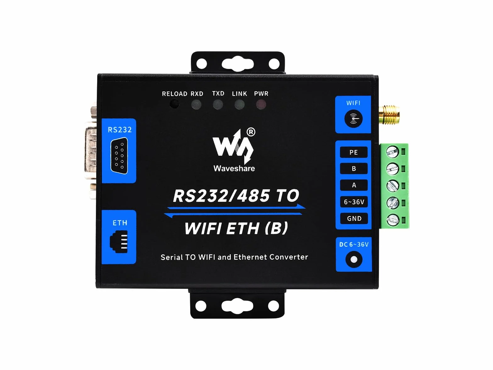 Waveshare Industrial Serial Server RS232/485 to WiFi Ethernet Modbus MQTT Gateway Metal Case