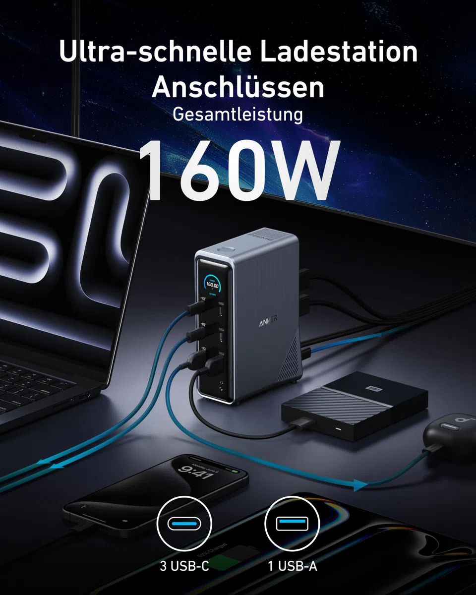 Anker Prime Dockingstation, 14-Port mit 160W Max. Leistung, 10Gbit/s schnelle Datenübertragung, smartes Interface in Echtzeit, Audio und Ethernet Ports, Dual 4K Displays für Dell, HP, Lenovo und mehr