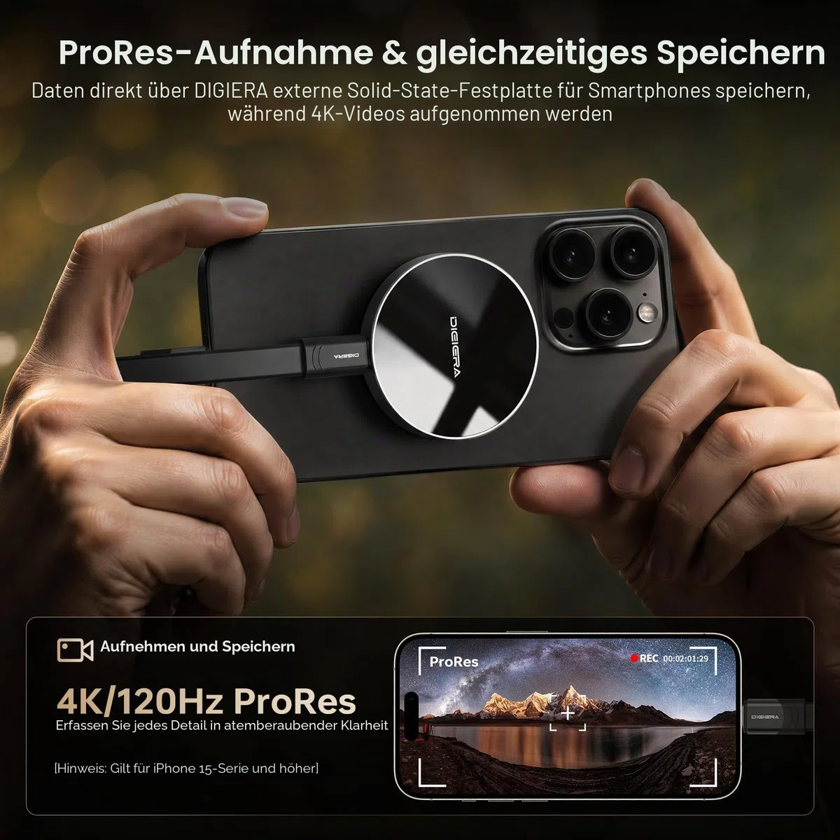 DIGIERA 1TB Magnetische Tragbare SSD, Externe Festplatte Mit USB-C 3.2 Gen 2x2, Geschwindigkeit Bis Zu 2000 MB/S, Kompatibel Mit iPhone 15/16 Series,PC/Laptop, und Anderen USB-C-Geräten,Schwarz