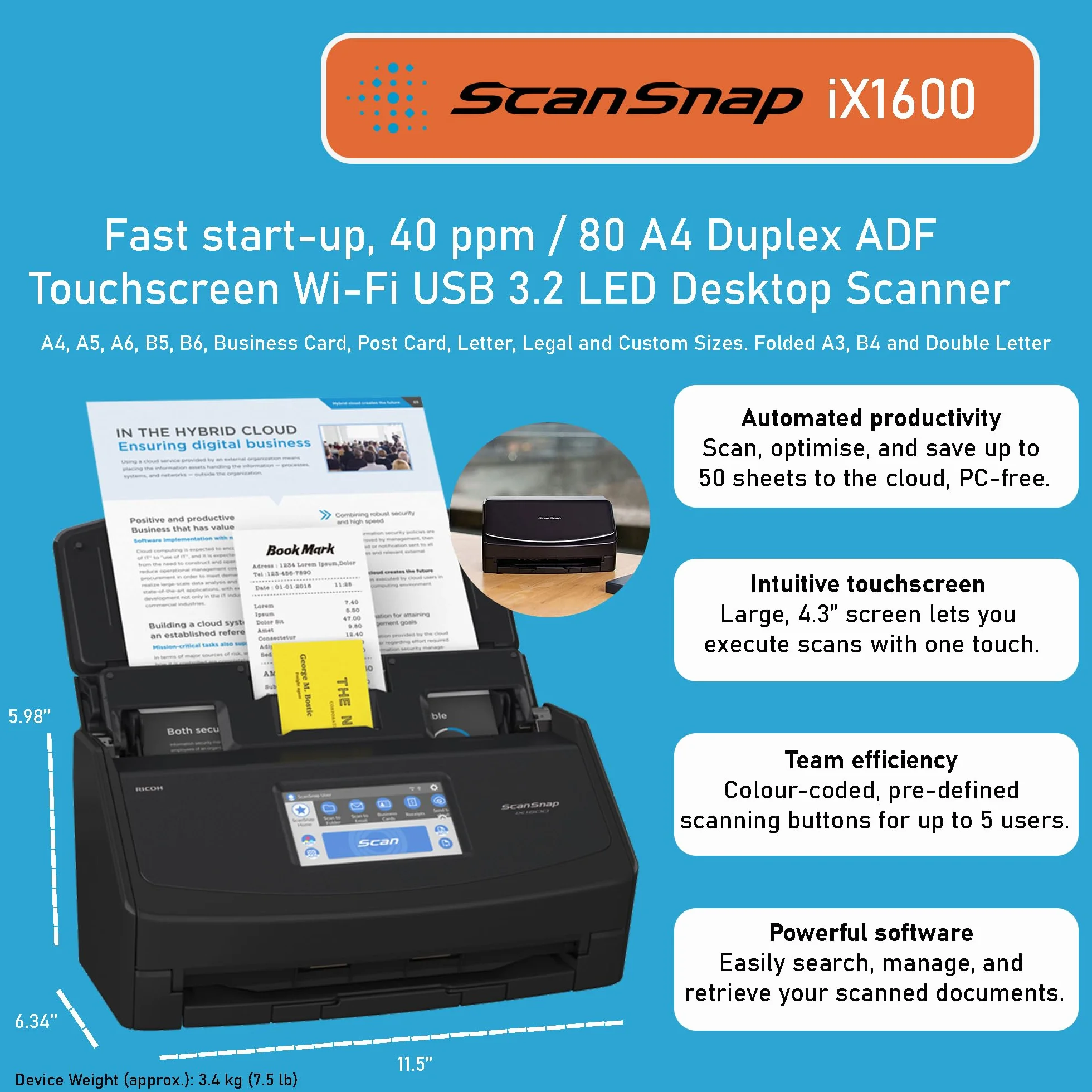 ScanSnap iX1600 Profi-Büroscanner A4 – Hochleistungs-Duplex-Dokumentenscanner mit 50-Blatt ADF, 40 ppm, Touchscreen, WLAN & Cloud-Anbindung, USB 3.2, Schwarz