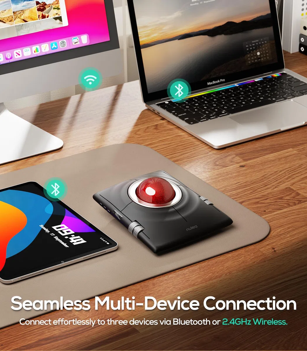 Nulea Wireless Trackball Maus, Ergonomischer 55mm Trackball, Einstellbarer DPI für Präzise Steuerung, Links- oder Rechtshänder Kompatibel, Wiederaufladbar, Multi-Device Bluetooth 2.4GHz für PC, Laptop