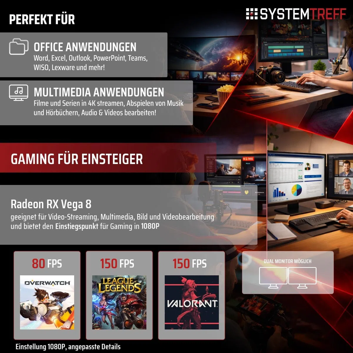 SYSTEMTREFF Office PC AMD Ryzen 7 5700G 8x4.6GHz | Radeon RX Vega 8 4K HDMI DX12 | 512GB M.2 NVMe | 16GB DDR4 RAM | WLAN Silent Desktop Computer Rechner für Büro Business Multimedia