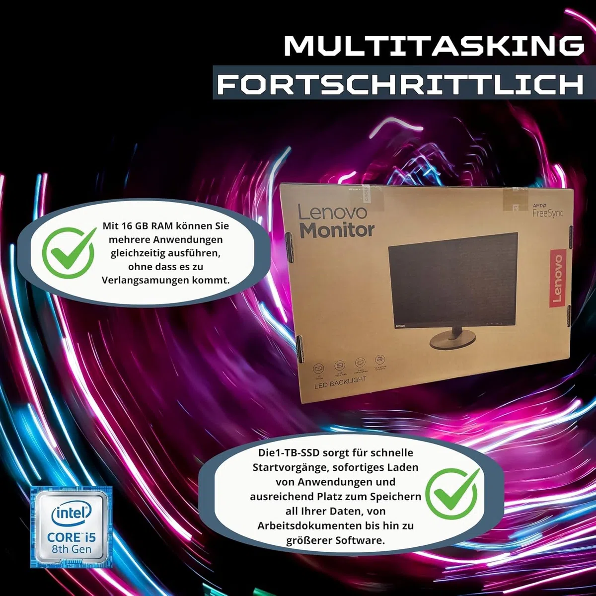 Lenovo Komplettcomputer 27" i5 8500 16 GB Ram 1 Tera SSD Win 11 Pro Office 2021 Pro 36 Monate Garantie -c27-40