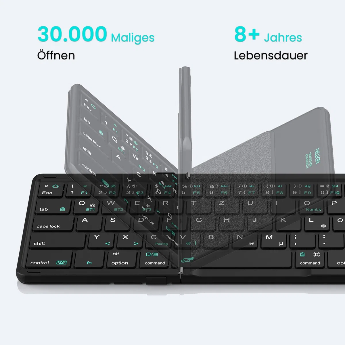Nillkin Faltbare Bluetooth Tastatur mit Touchpad, Wiederaufladbare QWERTZ-Klapptastatur mit Ziffernblock, Tragbare Mini-Tastatur für iPad, iOS, Android und Windows Laptop & Tablet, Leder-Schwarz