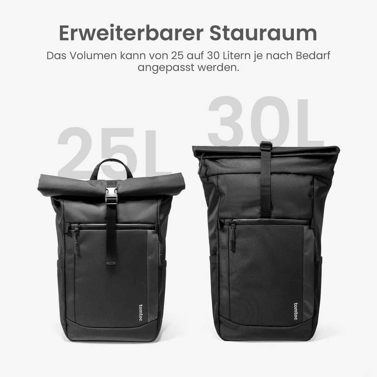 tomtoc Rolltop Rucksack Herren Damen 25L-30L Wasserdicht Schulrucksack Tagesrucksack mit 17,3 zoll Laptopfach, Groß Laptop Travel Backpack Daypack für Uni, Arbeit, Fahrrad, Reisen und Wandern, Schwarz