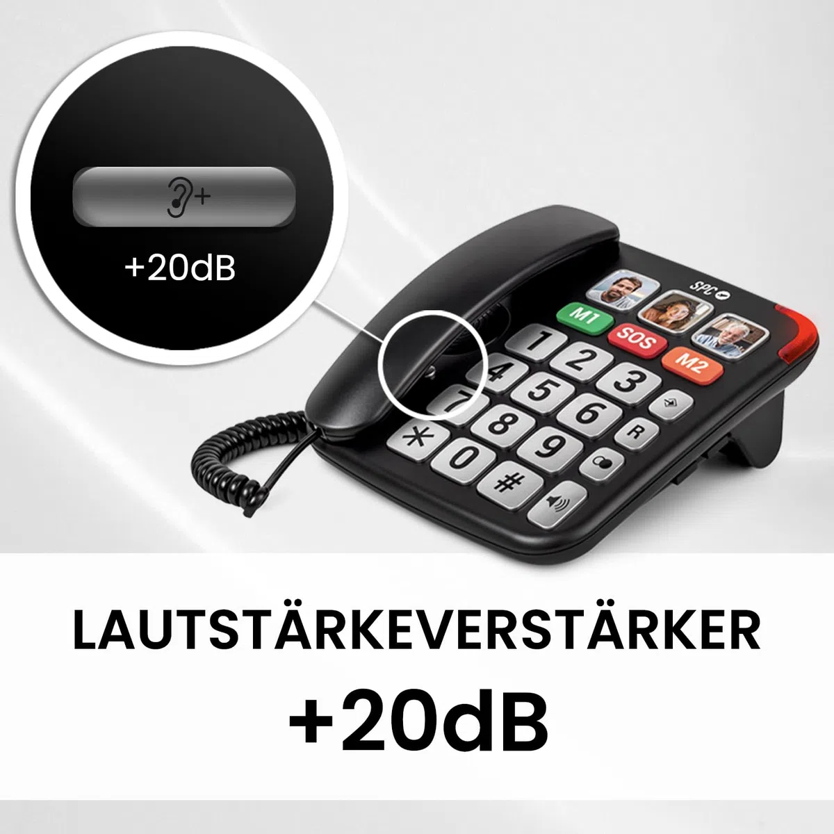 SPC Comfort Numbers Pro - Senioren-Festnetztelefon mit großen Tasten und lautem Klingeln | Verstärkbare Anruflautstärke +20dB | 6 Direktspeicher, Freisprechen | Hörgerätekompatibel – Schwarz