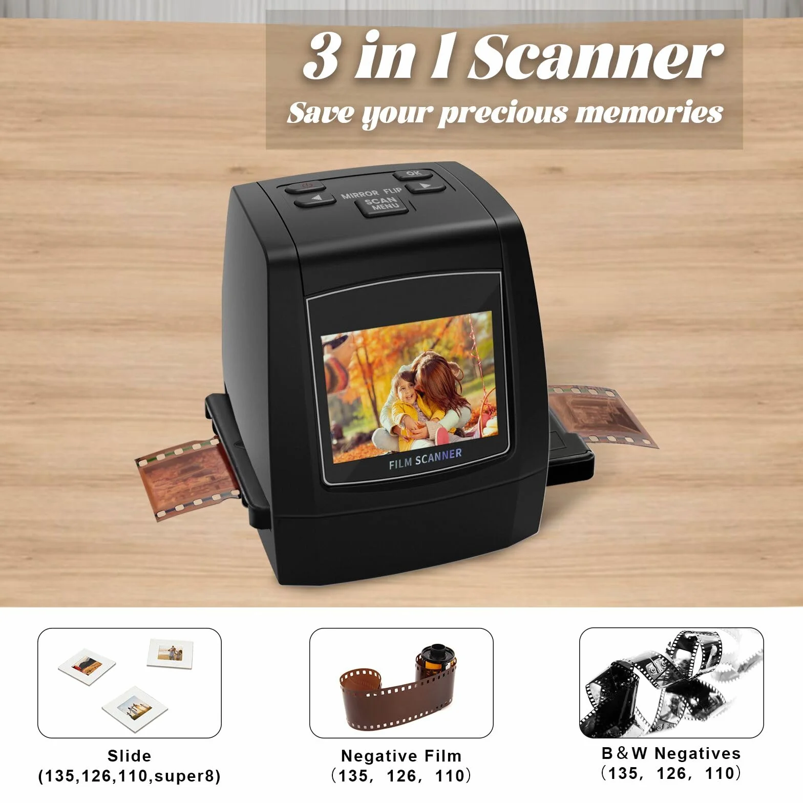 Digitaler Mini-Scanner für Filme und Dias, konvertiert Negative und Dias aus 35 mm, 126, 110, Super 8 und 8 mm Filmen in 22-Megapixel-JPEG-Bilder, 2,4-Zoll-LCD-Bildschirm
