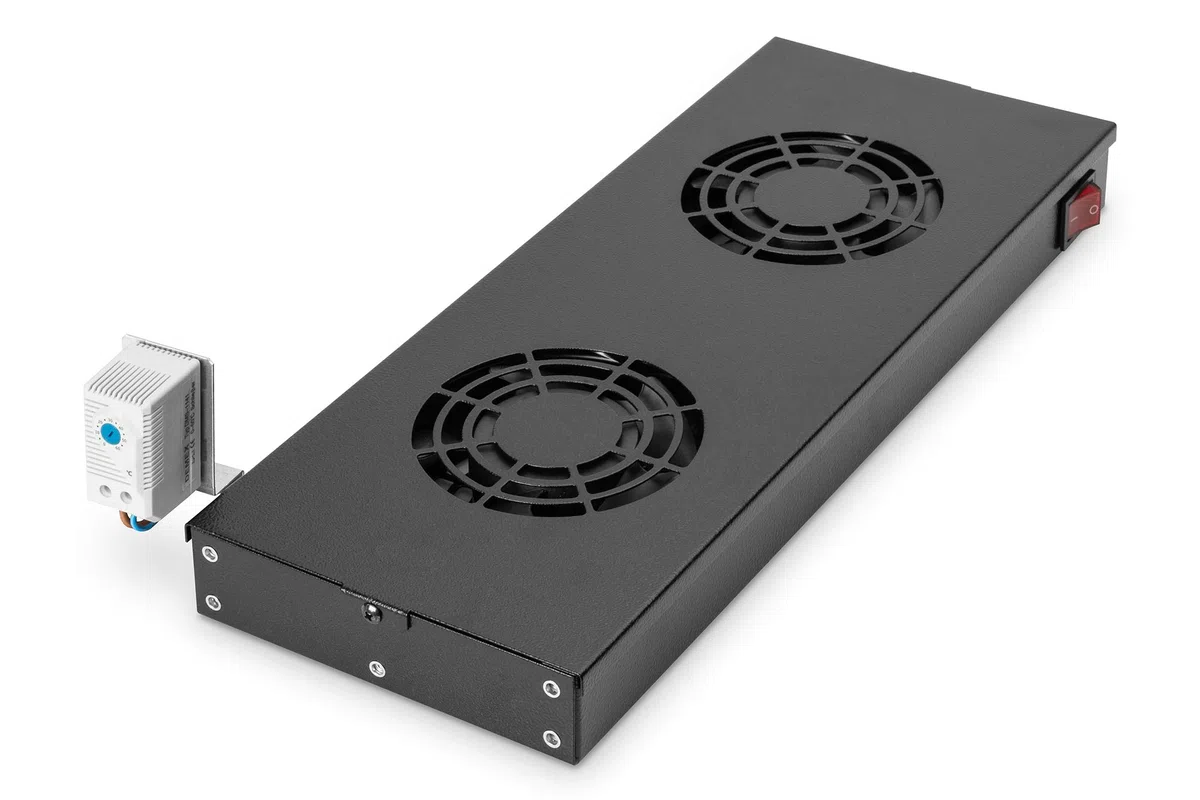 DIGITUS Lüftereinheit 19" 1HE - Rack- oder Dachmontage - Für VarioFLEX Schränke - 2x Lüfter - Thermostat - Schwarz | Thermostat – Luftdurchsatz 4,6 m³ pro Minute – Variable Montage an den 19 Zoll Profilschienen – Schwarz