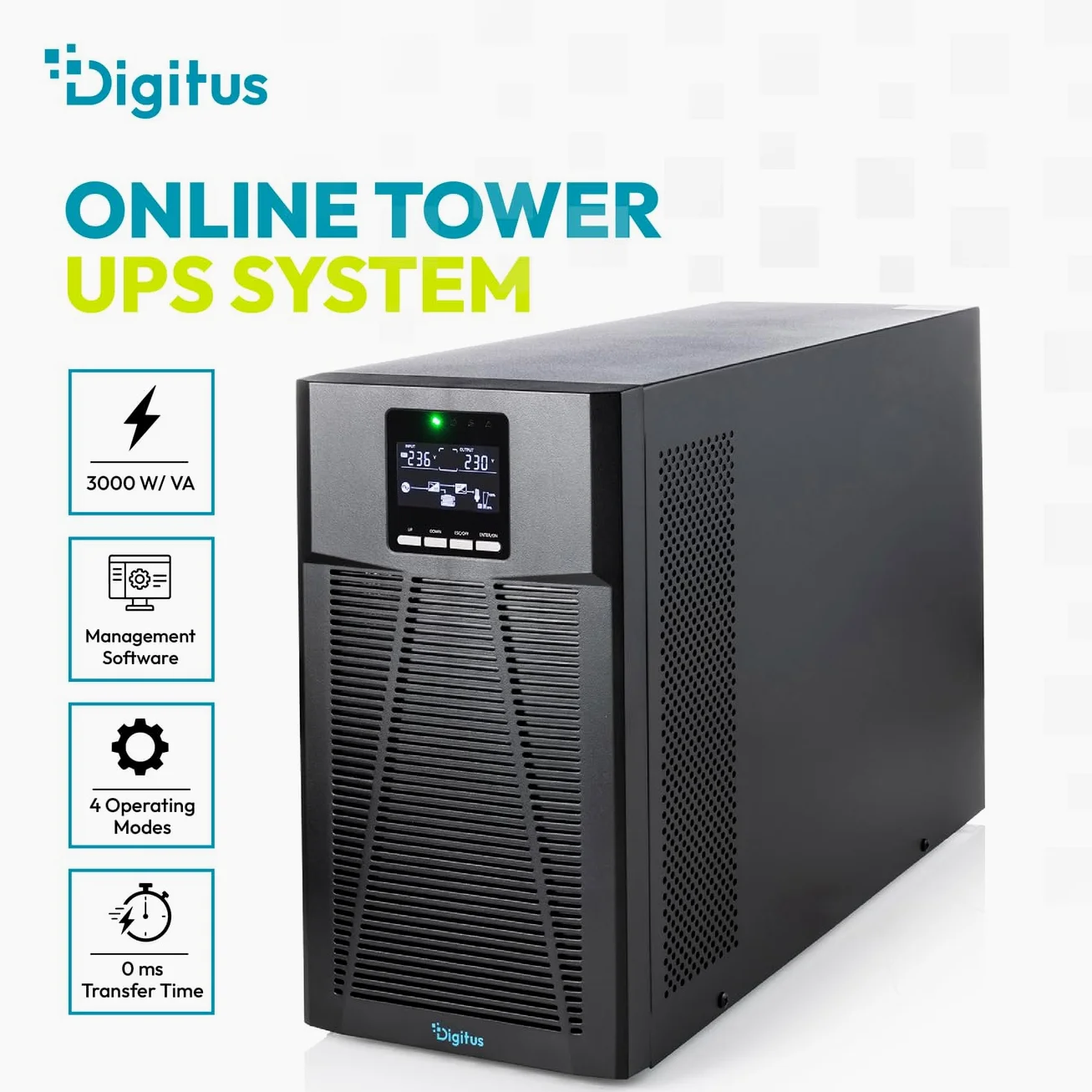 DIGITUS OnLine USV-System – 3 kVA 3 kW – 8X IEC C13 Steckdosen – Tower | Unterbrechungsfreie Stromversorgung – Leistungsfaktor 1,0 – UPS Software – RS232, RJ45 & USB-Port – Schwarz