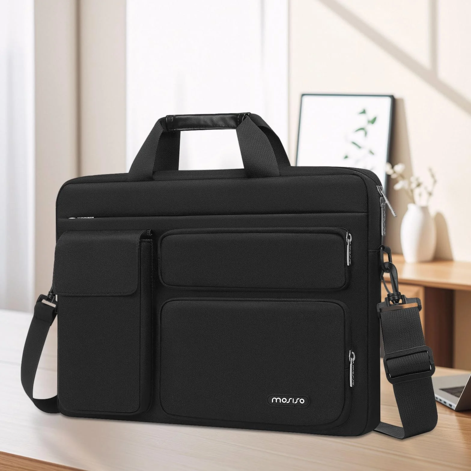 MOSISO Laptoptasche 16 Zoll, 15-15,6 Zoll Laptop Schultertasche Kompatibel mit MacBook Pro 16 Zoll, HP, Dell, Lenovo, Laptop Umhängetasche mit 2 Erhöhte&1 Klappe&1 Beutel&Griff&Gürtel, Schwarz