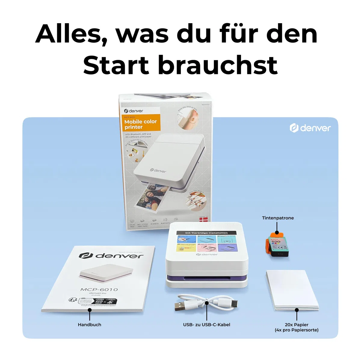 Denver MCP-6010 Mini Fotodrucker für Smartphone, mobiler Farbdrucker mit Bluetooth 5.2, 600 DPI, iOS & Android, tragbarer Fotodrucker mit Akku, inkl. Patrone & 20 Blatt Fotopapier Set