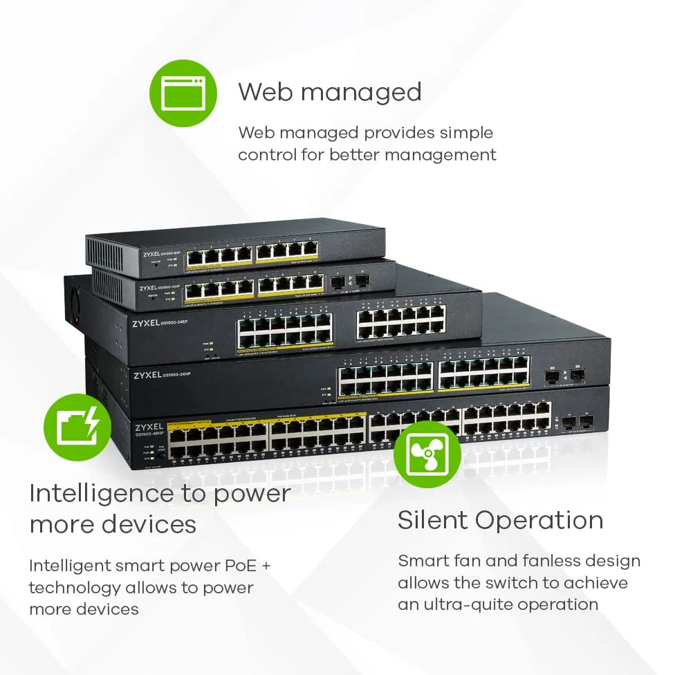 Zyxel Netzwerk PoE Switch 24 Port | Smart Managed Gigabit LAN Splitter | 12x GbE RJ-45 + 12x PoE+ mit 130W Budget | Smart Fan | VLAN, IGMP, QoS | Rack Montage, Kit im Lieferumfang | GS1900-24EP