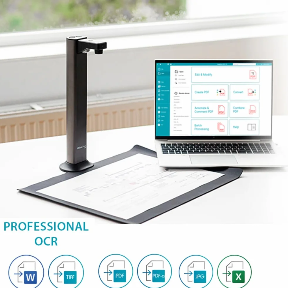 IRIScan Desk Pro 7 Buchscanner Schwarz mit 18MP Kamera und LED, scannt Bücher und A3-Dokumente mit OCR, AI-Flachlegung, Vorlesefunktion und Videoaufnahme, USB, Win & Mac, inkl. Readiris PDF