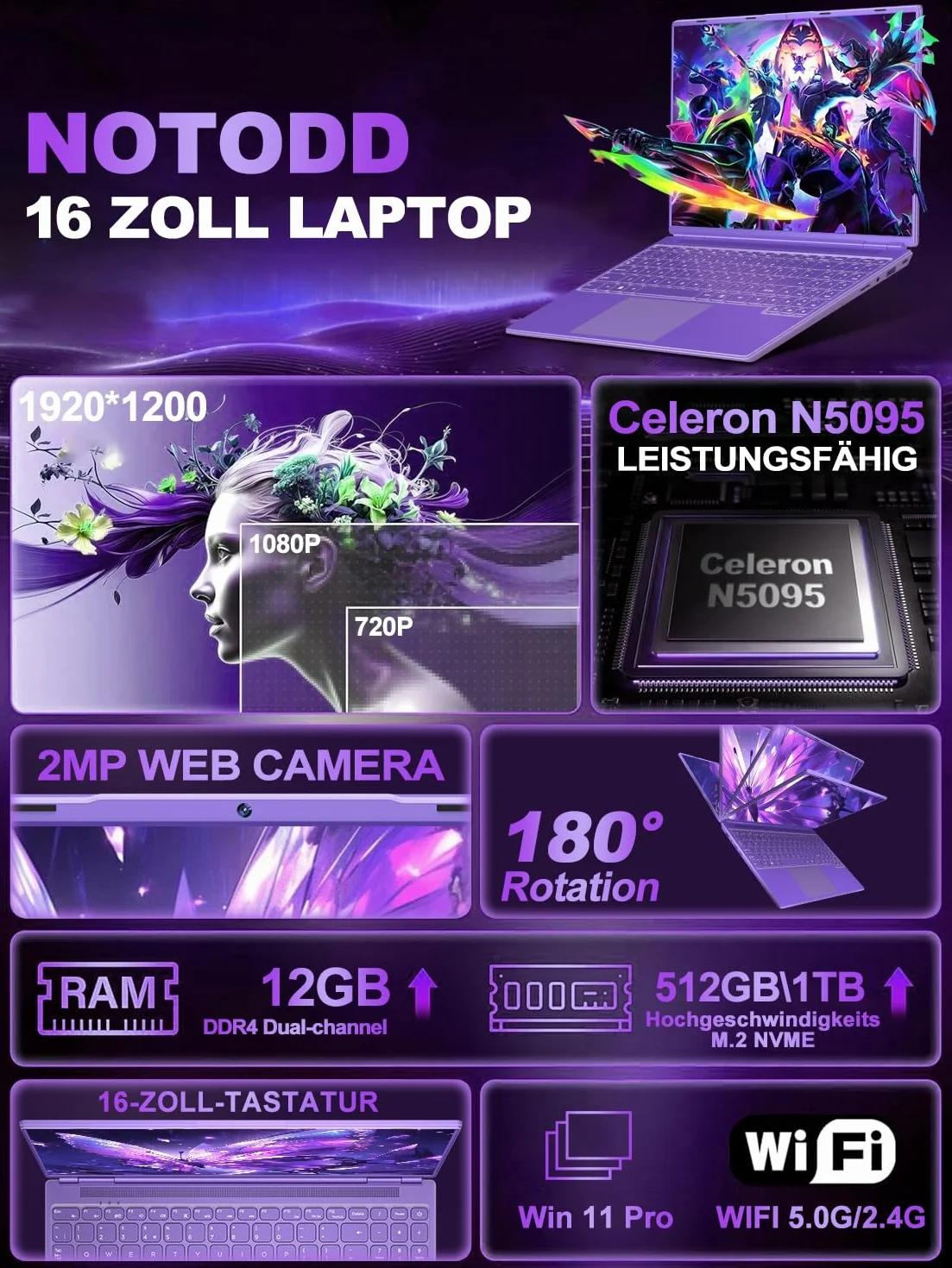 Gaming Laptop 16 Zoll Win11 12+512GB SSD Unterstützung 2TB(HDD-2TB) 1920x1200 Notebook 4-Core Celeron N5095 (bis 2.9GHz) Laptop mit Nummerntastatur WiFi Mini HDMI Deutscher Tastaturschutz-Lila