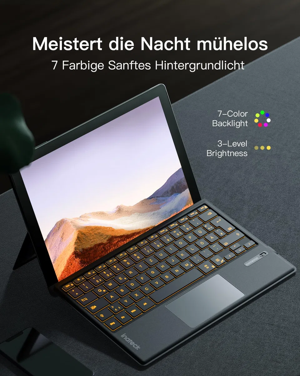 Inateck Surface Pro 7 Tastatur,Kompatibel mit Surface Pro 7/7+/6/5/4 mit Trackpad,Bluetooth 5.3, 7-Farbiger Hintergrund Beleuchtung,QWERTZ,KB02027