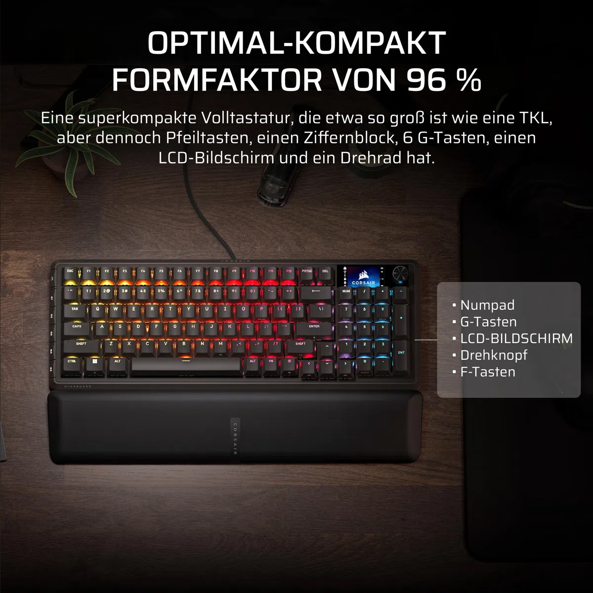 Corsair Vanguard 96 Kabelgebundene Mechanische Gaming-Tastatur – Schwarz | QWERTZ DE, 96% Layout, MLX Plasma-Linearschalter, 8000Hz-Polling, LCD-Display, Virtual Stream Deck, G-Tasten, SOCD Flashtap