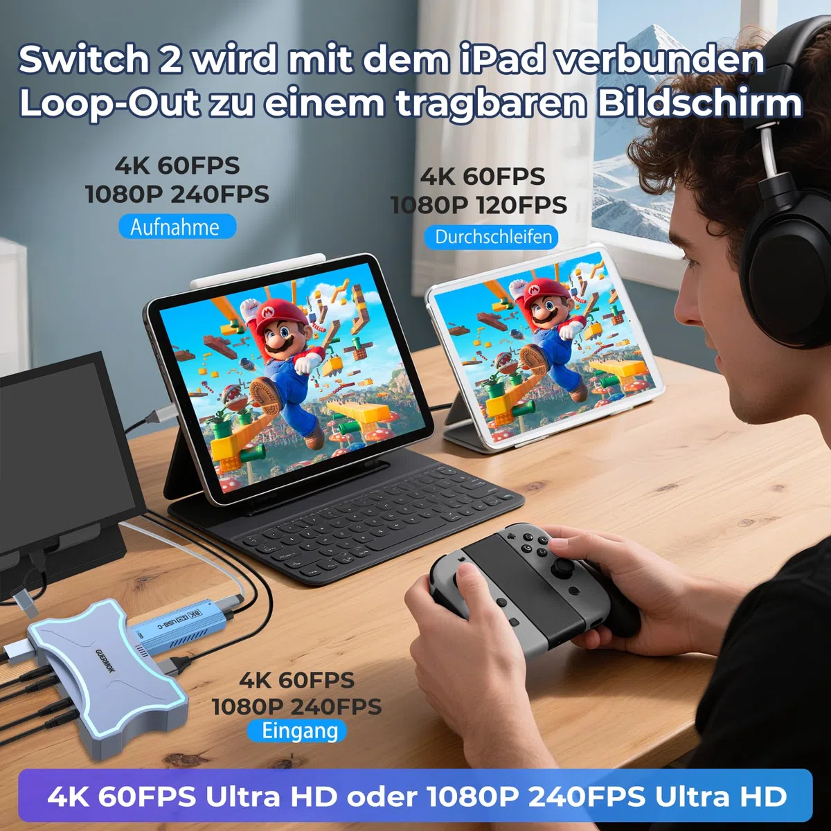 Guermok 4K HDMI Capture Card with Touch LED, Dual HDMI In/Loop-Out, USB 3.0, 4K@60Hz/ 2K@144Hz Video Capture, Mic/Line In, 4K60 Passthrough, Efficient Cooling, Streaming and Gaming for Switch2/1