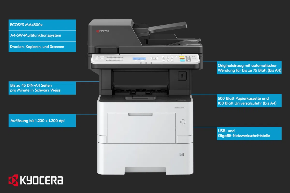 Kyocera Ecosys MA4500x Multifunktionsdrucker Schwarz Weiss, Duplex-Einheit, 45 Seiten pro Minute Drucker Scanner Kopierer, 100+500 Blatt Zufuhr, Gigabit LAN, Mobile Print
