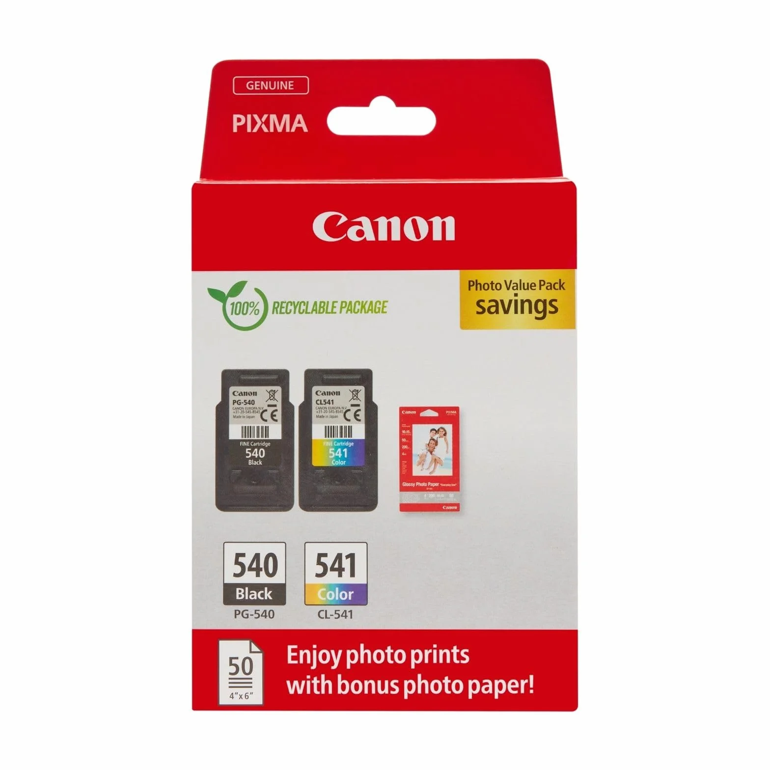 Canon PG-540 CL-541 Original Tintenpatronen 2er-Pack & 4x6 Fotopapier 50 Blatt für PIXMA TS5150 TS5151 MG3650s MG4250