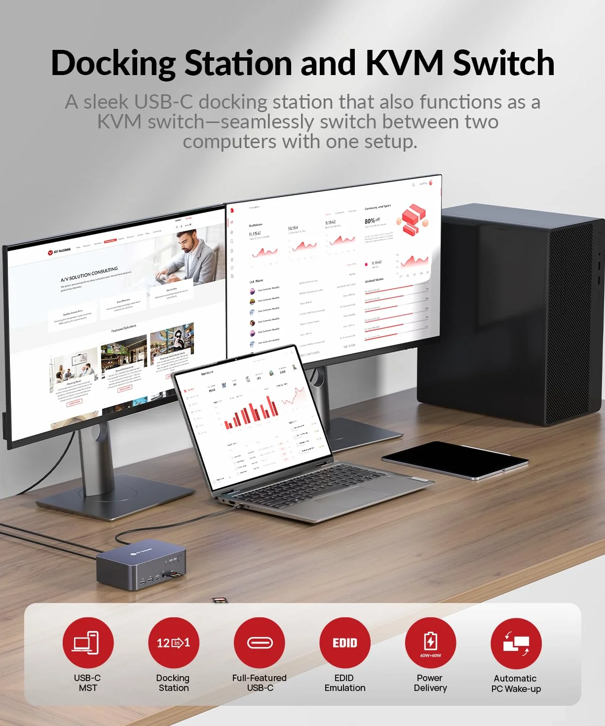 AV Access Docking Station KVM Switch Dual Monitor für Laptop & Desktop - USB C-Ladung, Vollaluminium, KVM-Switcher für 2 PCs mit Ethernet, EDID, 4K@60Hz/2K@144Hz/1080P@240Hz, 3xUSB 3.0, Netzteil
