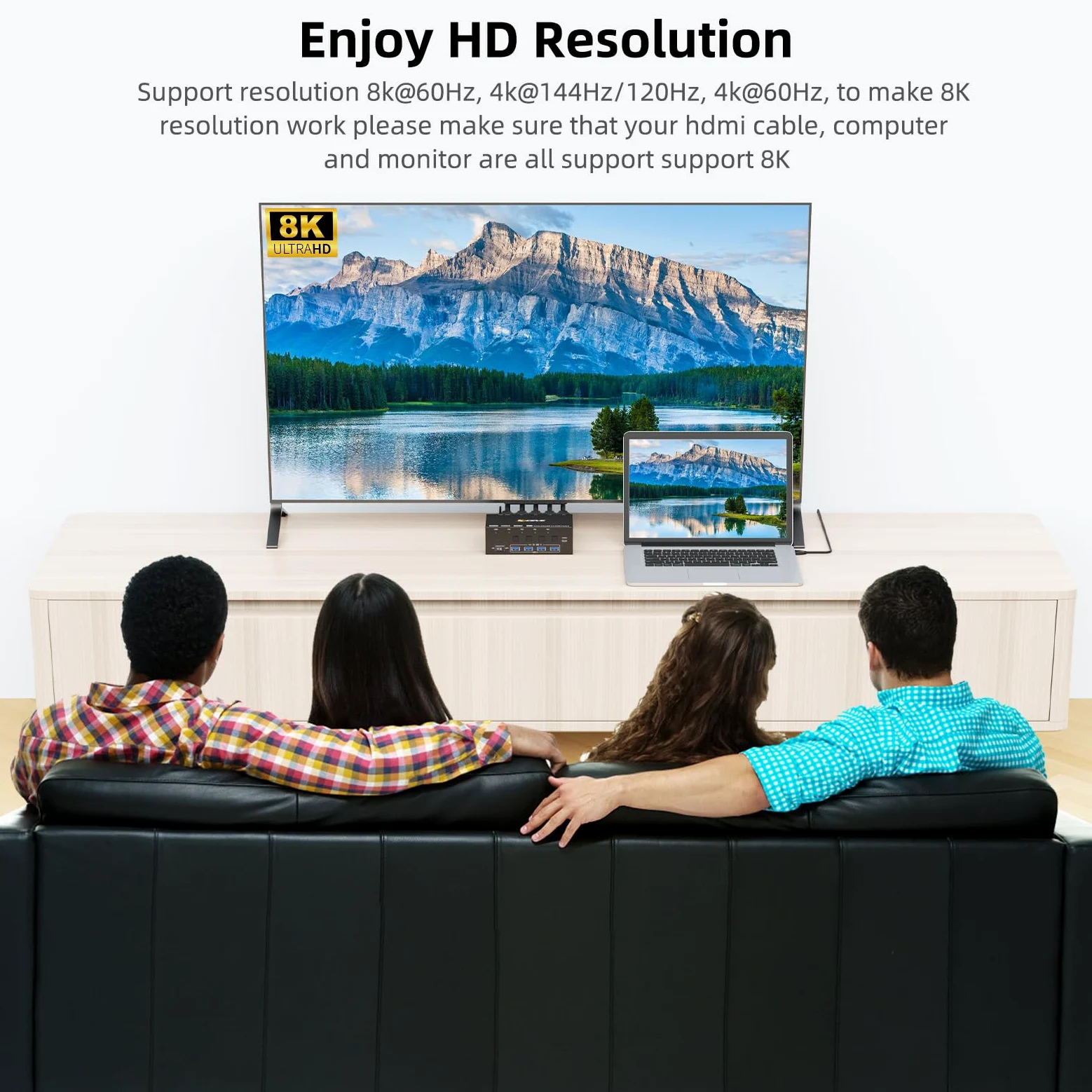 KVM Switch 4 Computer 2 Monitore, KCEVE 8K@60Hz, 4K@144 Hz USB 3.0 HDMI KVM-Umschalter mit EDID-Emulator für 4PC Share Maus Tastatur und Monitor, stabiler Chip, hohe Kompatibilität