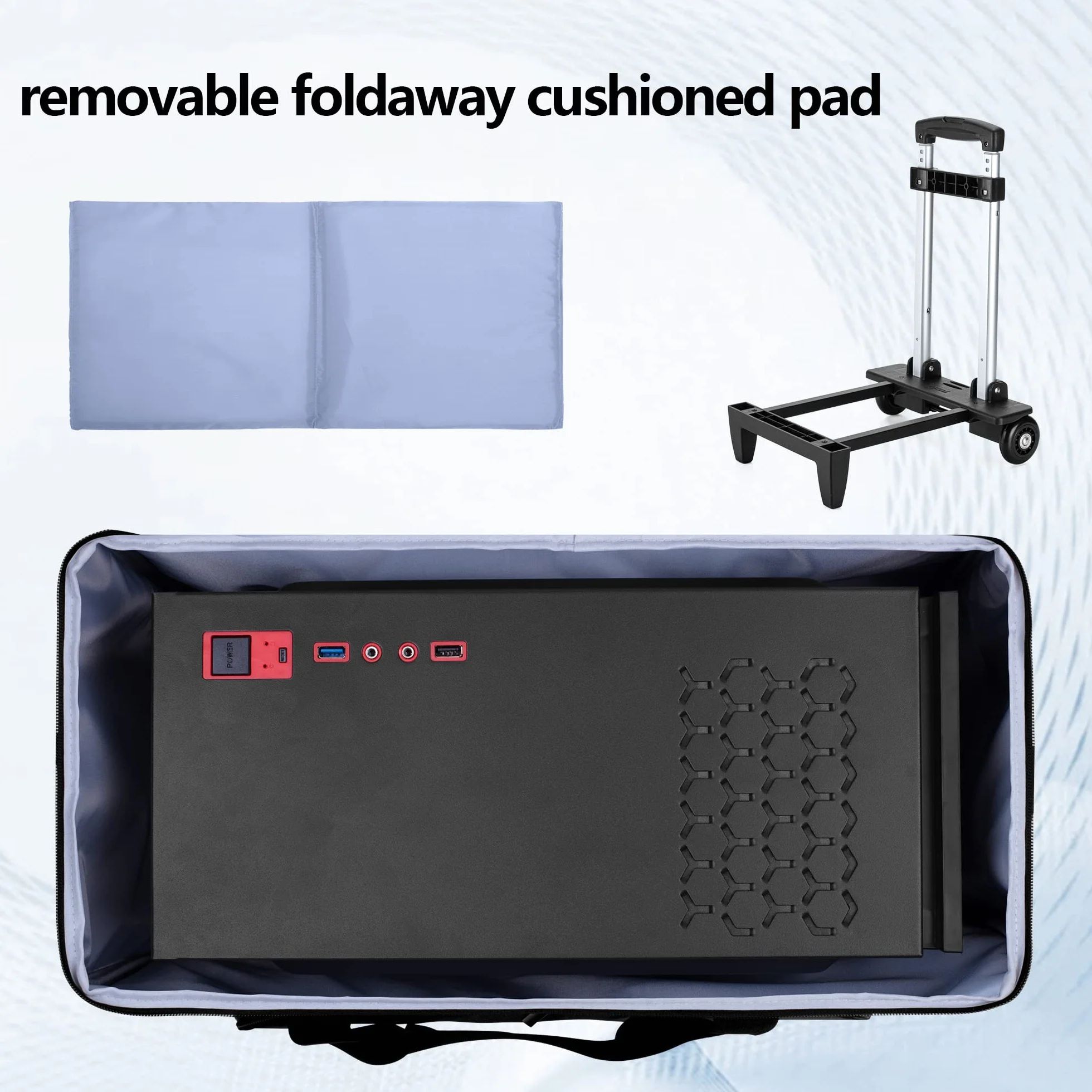CURMIO Reisetasche für Desktop Computer, PC Gehäuse Tasche mit Abnehmbarem Trolley, Tragetasche für Tower PC, Tastatur, Kabel und Maus, (Keine Zubehör Enthalten), Grau