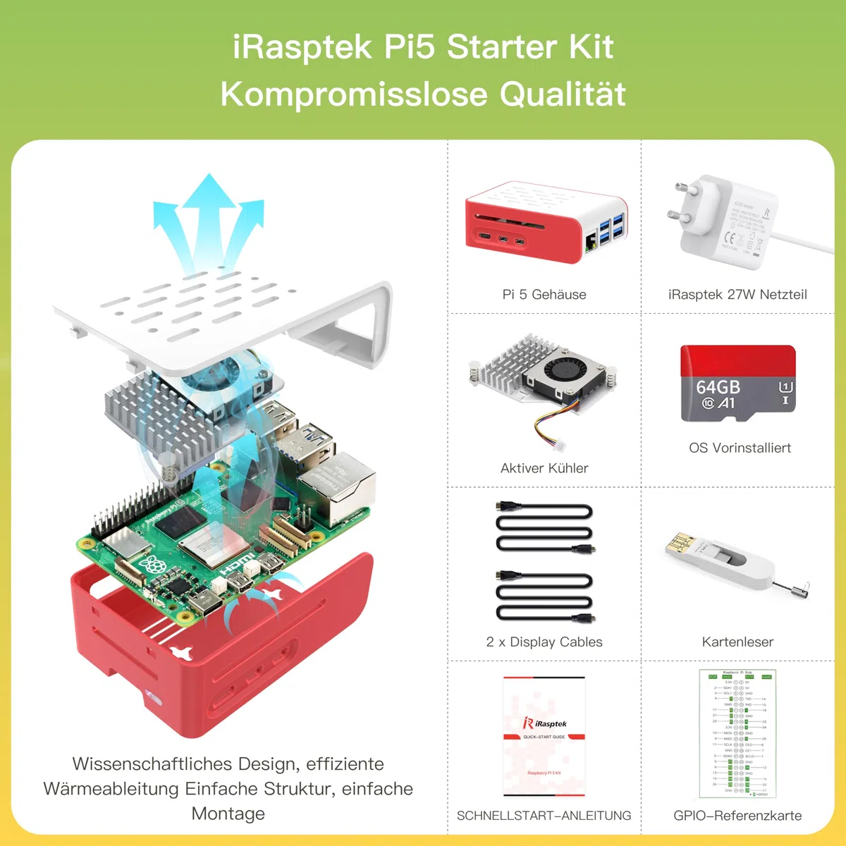 iRasptek Starter Kit for Raspberry Pi 5-64GB Edition von OS-Bookworm vorinstalliert (Rote und weiße Gehäuse) (4GB-64GB)