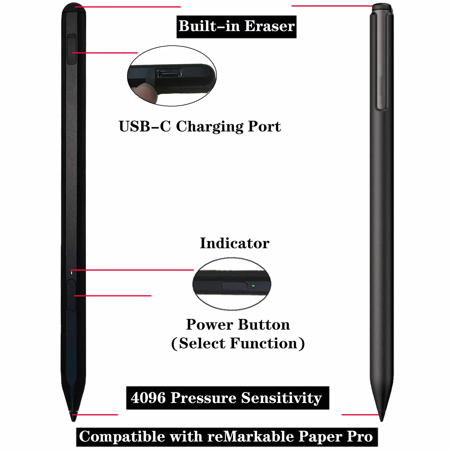 Stylus Pen für Remarkable Paper Pro, kompatibel mit RM81C-1000NW & RM83C-1001NW, 4096 Druckstufen, Palm Rejection