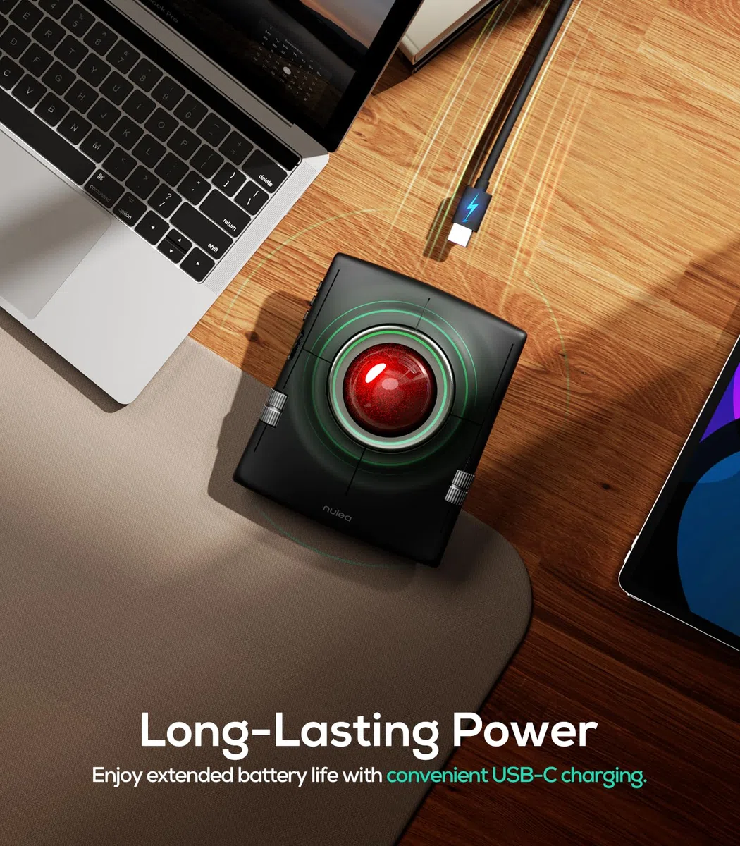 Nulea Wireless Trackball Maus, Ergonomischer 55mm Trackball, Einstellbarer DPI für Präzise Steuerung, Links- oder Rechtshänder Kompatibel, Wiederaufladbar, Multi-Device Bluetooth 2.4GHz für PC, Laptop