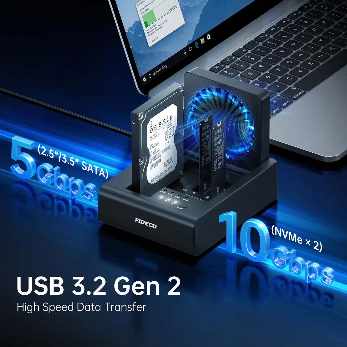 FIDECO HDD/M.2 NVMe SSD Cloner Docking Station, USB 3.2 Gen 2 (10 Gbit/s), 3-Bay Festplatten-Cloner-Dock für M.2 NVMe SSD und 2,5"/3,5" SATA HDD, mit klappbarem Lüfter