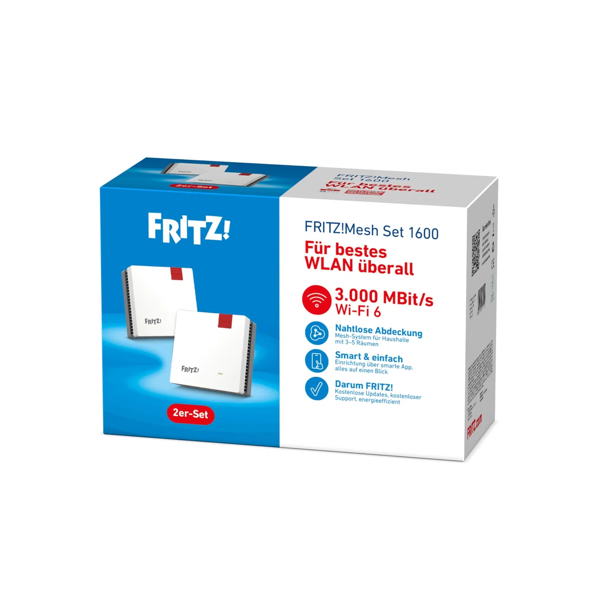 Fritz!Mesh Set 1600 2er-Set (2X Fritz!Repeater, ideal für Internetrouter oder Glasfasermodem (ONT), WLAN-Abdeckung für 3-5 Räume, Wi-Fi 6 mit bis zu 3.000 MBit/s, deutschsprachige Version)