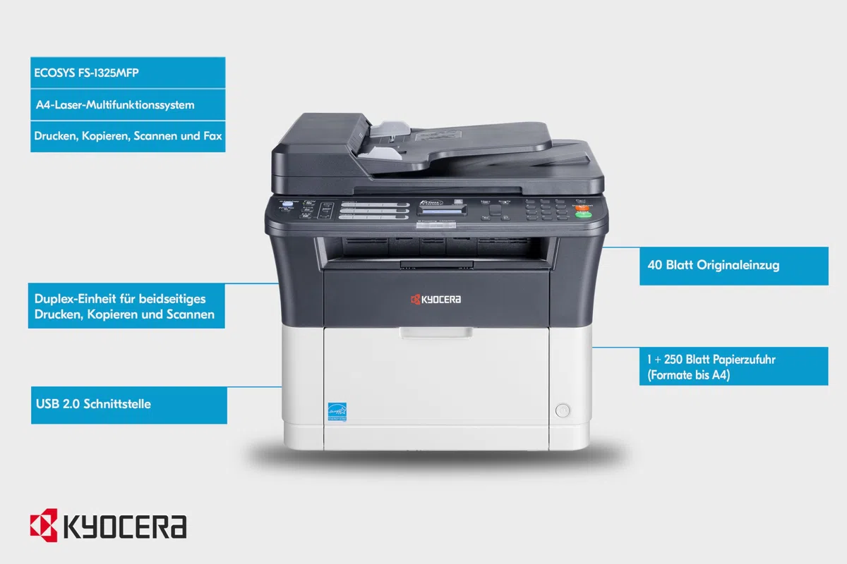 Kyocera Ecosys FS-1325MFP Laserdrucker Multifunktionsgerät 4-in-1 Schwarz Weiss: Multifunktionsdrucker mit Duplex, Drucker Scanner Kopierer, Faxgerät