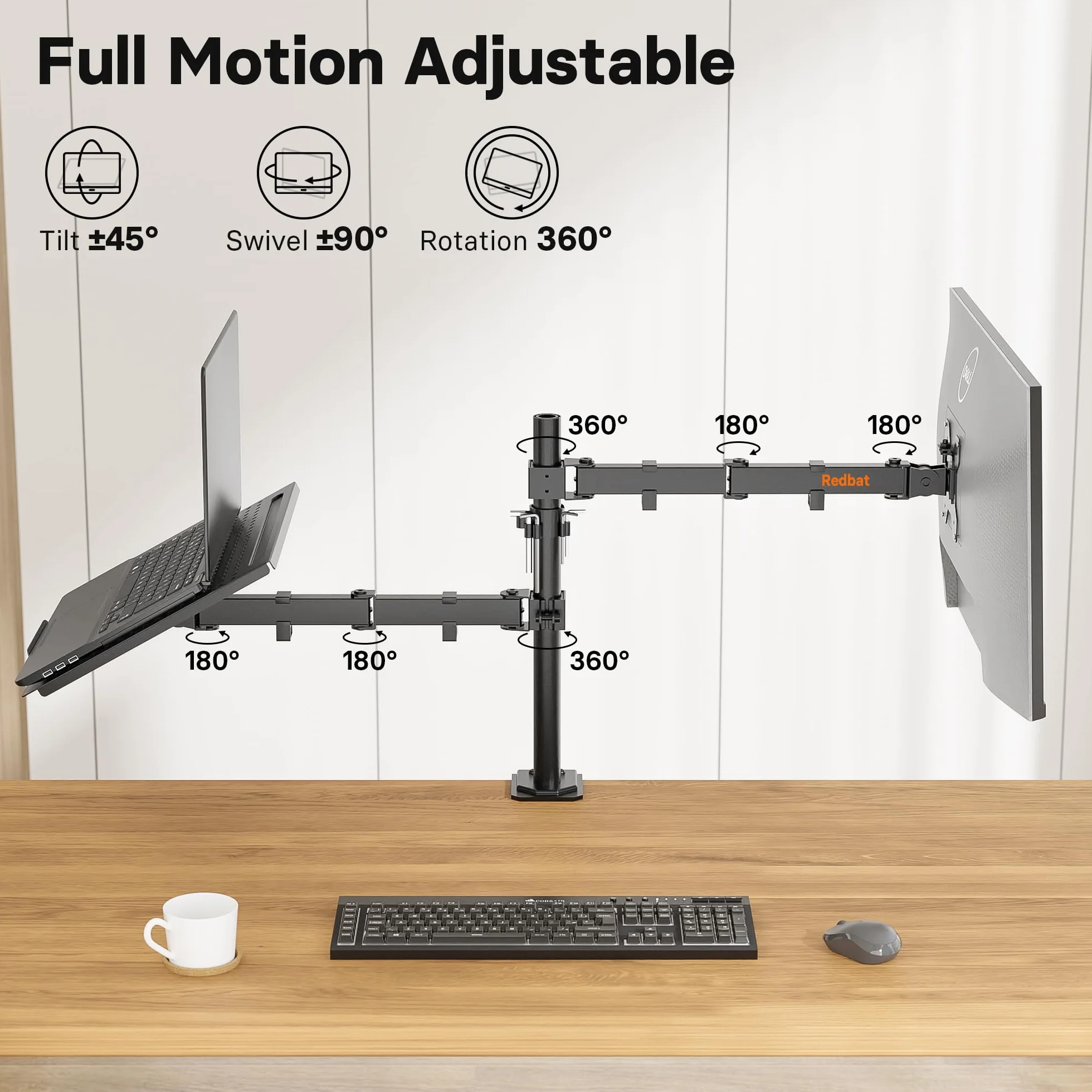 Redbat Monitorarm mit Laptopfach, Dual Screens, Voll einstellbar für 13 bis 32 Zoll LCD LED Bildschirm bis 8kg & Notebook bis 16 Zoll, Neigen, Schwenken & Drehen, 2 Befestigungsmöglichkeiten