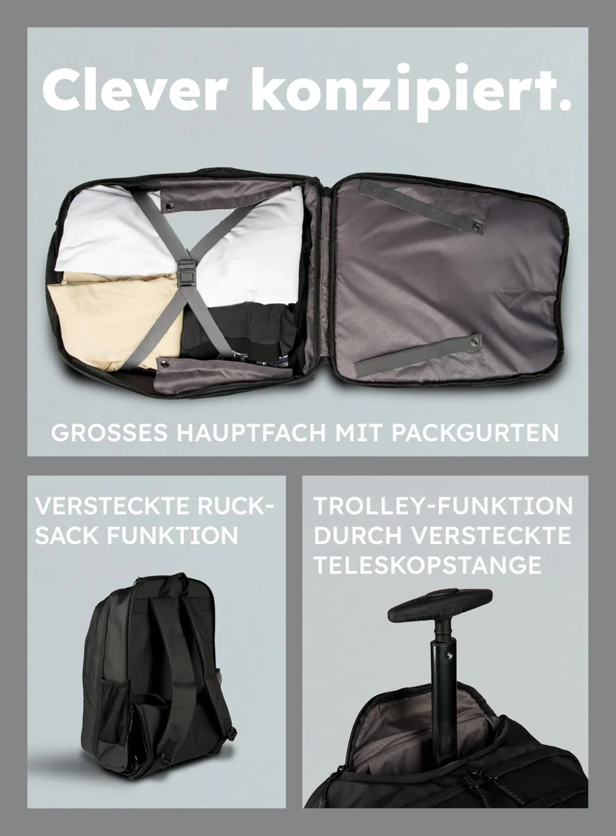 Trolley-Rucksack - Business Laptop- & Tablet-Trolley - Reiserucksack & Handgepäck - wasserabweisend & robust - viele Fächer mit Hauptfach für Kleidung - für Arbeit, Schule, Reisen & Uni