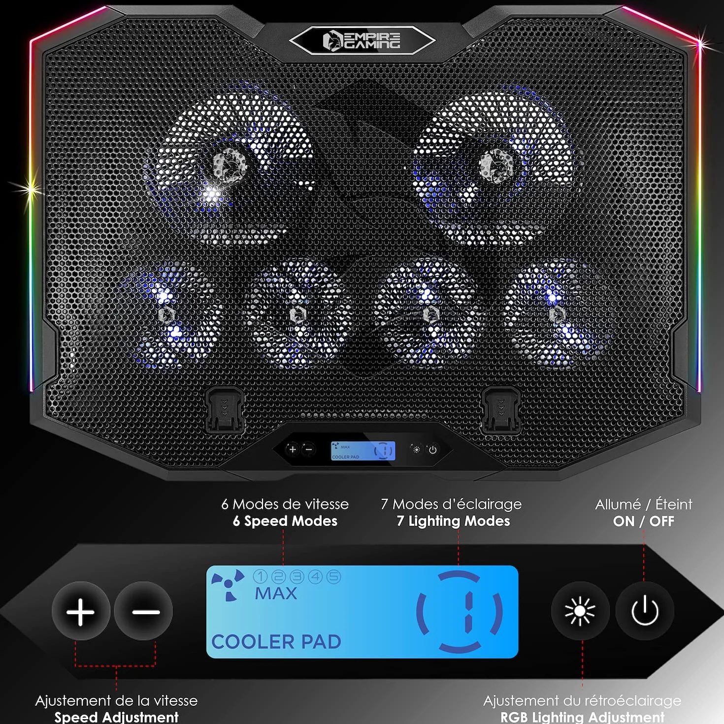 EMPIRE GAMING - Guardian S-C100 Laptop-Kühler RGB Gamer – 6 Ventilatoren - LCD-Controller - 5 Höheneinstellungen – Kompatibel für 12 bis 17 Zoll – Abnehmbarer Smartphone-Halter, Luft