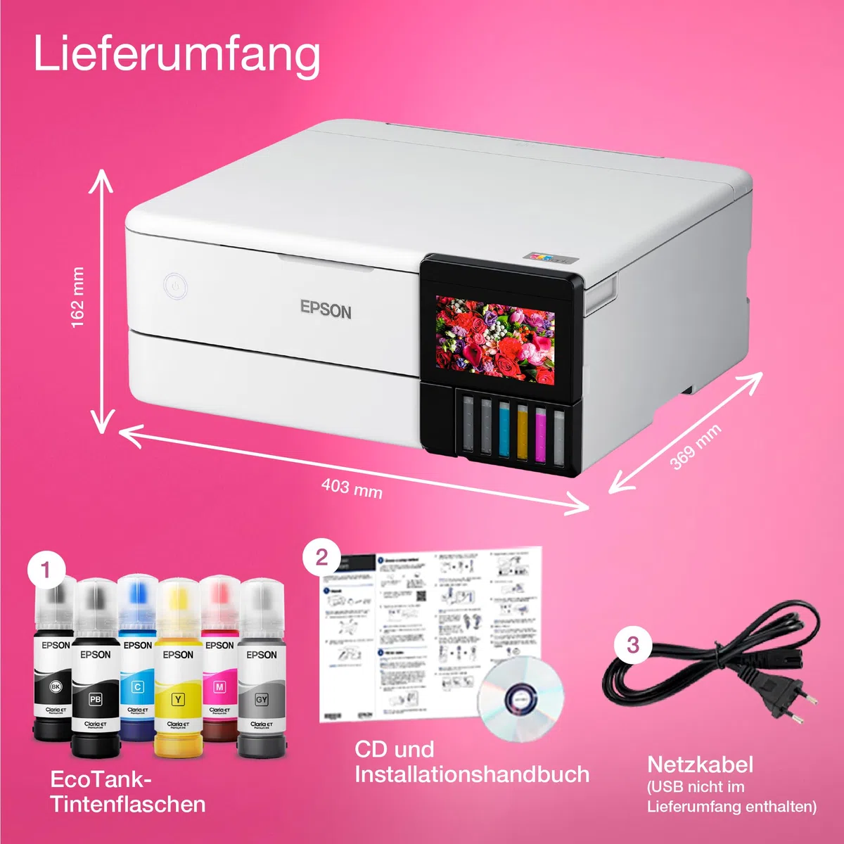 Epson EcoTank ET-8500 Tintentankdrucker | Fotodruck | 6-Farb-Tintensystem | WLAN | A4 | Drucken, Kopieren, Scannen | 10.9 cm Touchscreen | Duplexdruck | hinterer Papiereinzug