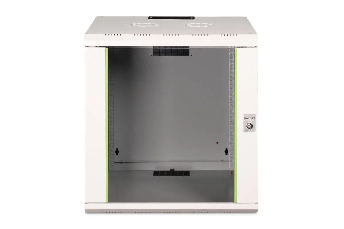 DIGITUS Netzwerk-Schrank 19 zoll 12 HE - Wandmontage - 600 mm Tiefe - Traglast 100 kg - Unique Serie - Glastür - Grau | Nutztiefe 450 mm – Wandmontage – Traglast 100 kg – Sicherheitsglastür – Schutzklasse IP20