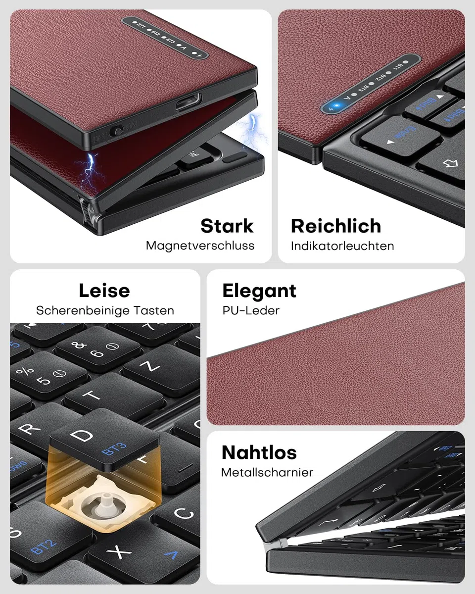 OMOTON Faltbare Bluetooth Tastatur mit Touchpad, Tragbare Kabellose Tastatur Mini Reise für iOS Android Windows Laptop PC Tablet Smartphone, QWERTZ - Burgunderrot