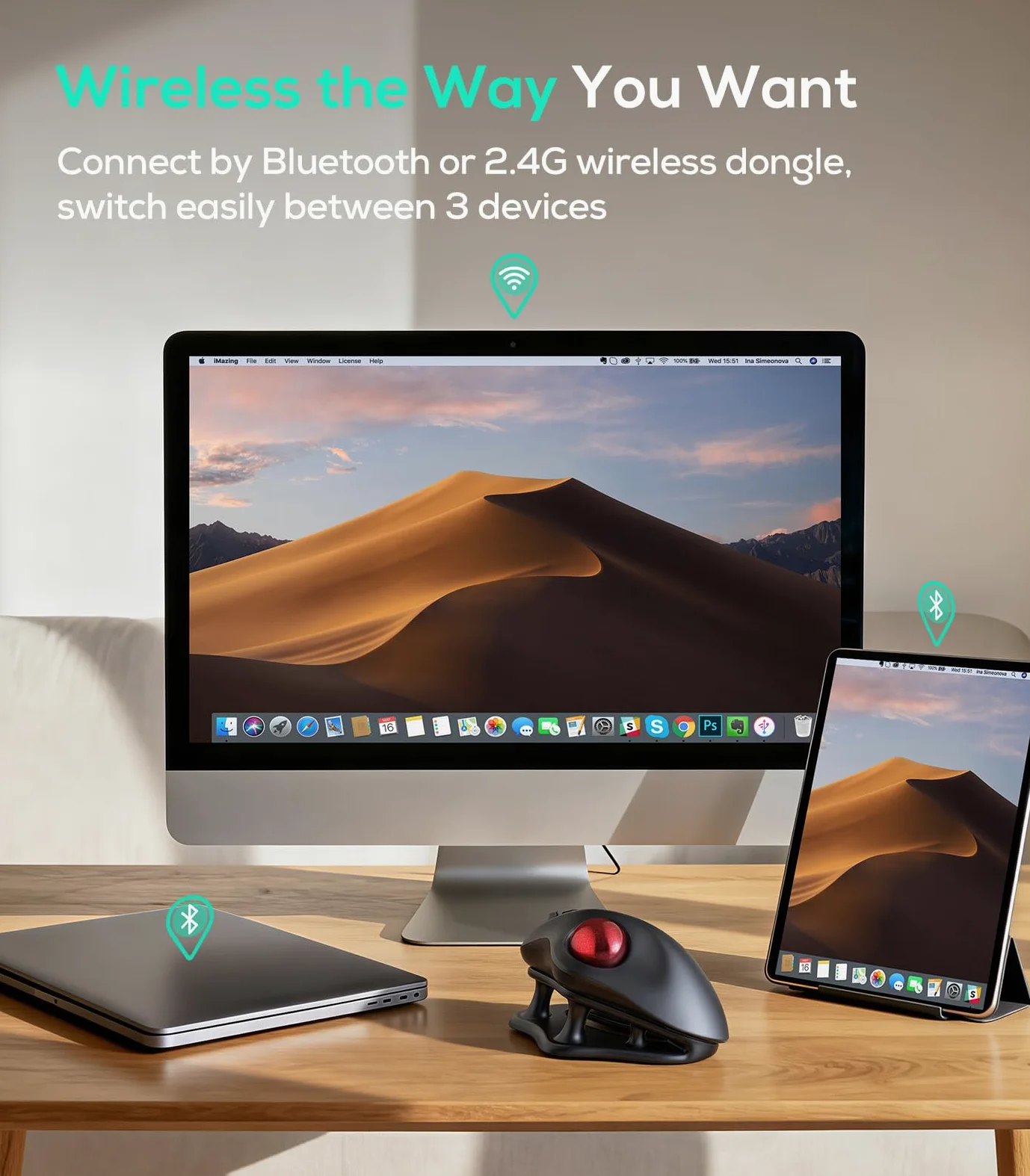 Nulea M511 drahtlose Trackball-Maus, wiederaufladbare ergonomische Daumen-Control-Maus mit Kipphalter, Glatte und präzise Tracking, 3 Geräteanschluss (Bluetooth oder USB-Empfänger)(Rot)