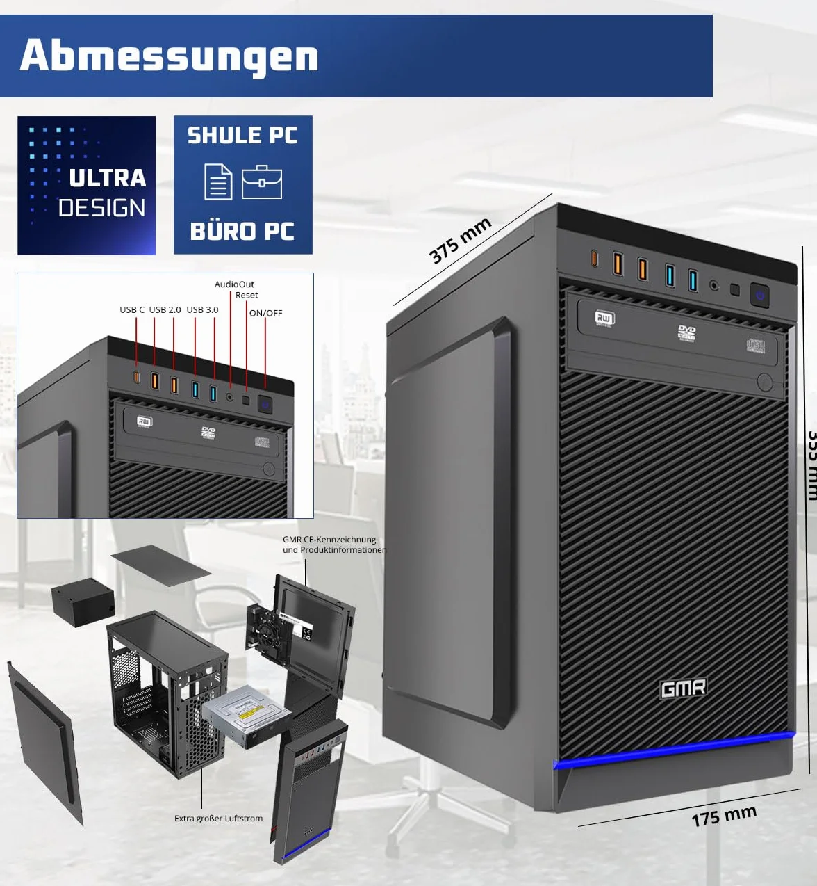 GMR Ultra Desktop PC - Intel i7, Windows 11 Pro, 32GB RAM, 1000GB SSD, USB 3, WiFi, Bluetooth, Office PC Mit DVD, 3 Jahre Garantie - Desktop PC Windows 11 - Sofort Einsatzbereit