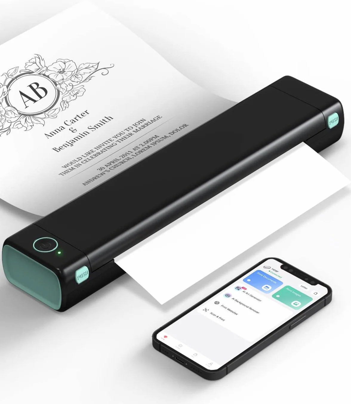 Phomemo M08F Thermodrucker A4 Mobiler Bluetooth Drucker, Tragbarer Wireless Printer für Unterwegs Kompatibel Android iOS, Thermopapier Drucker, Schwarz Grün