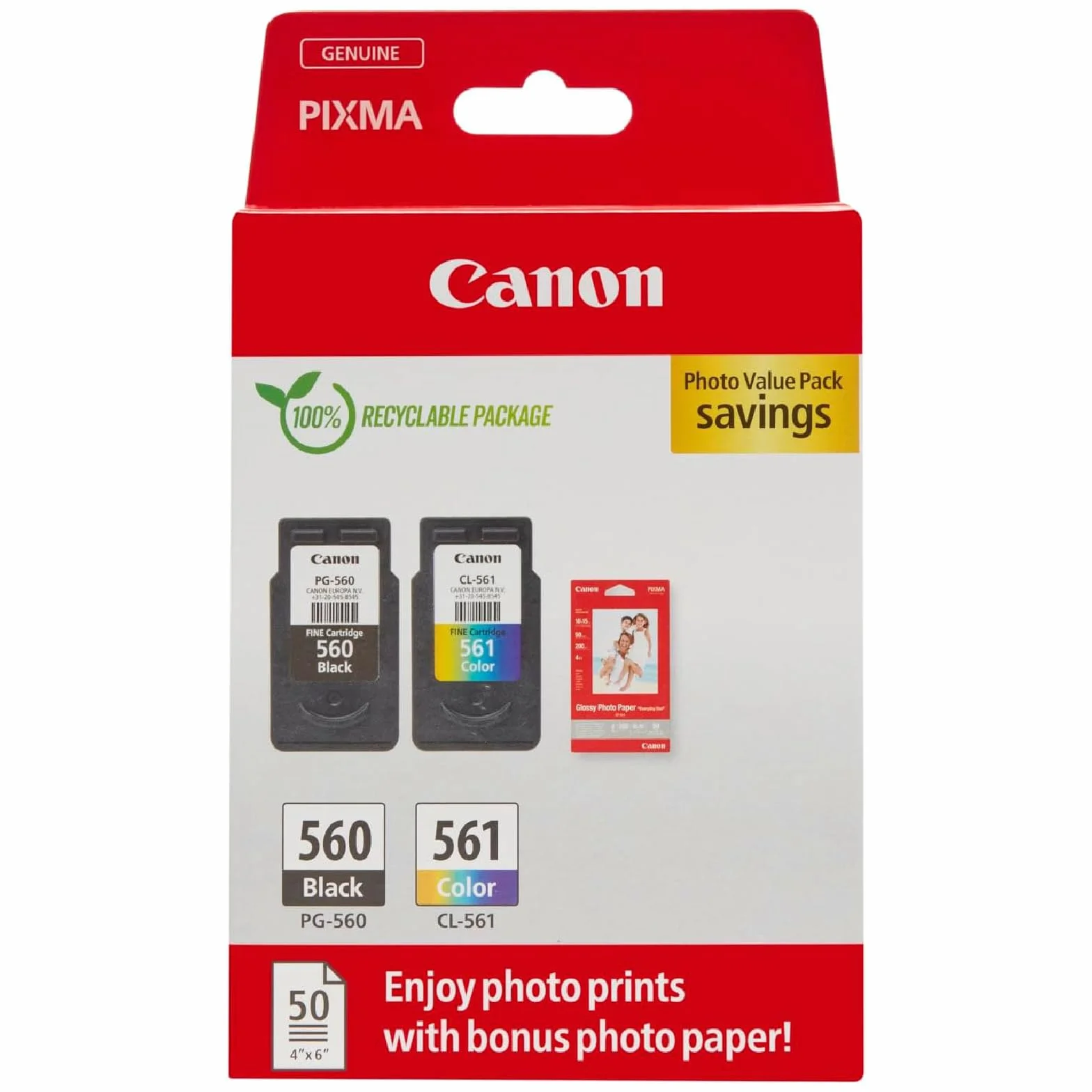 Canon PG-560 CL-561 Original Tintenpatronen 2er-Pack & 4x6 Fotopapier 50 Blatt Multipack