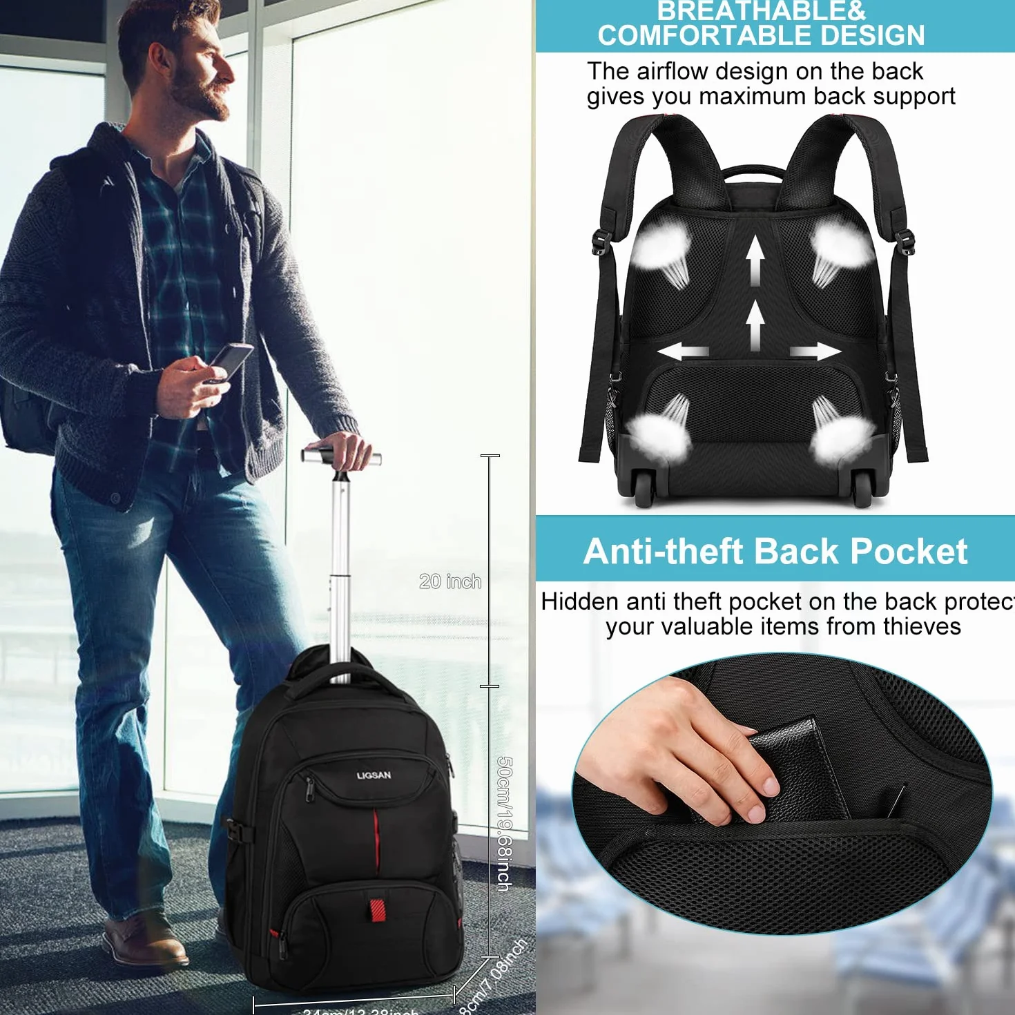 Laptop Trolley Rucksack Business Rolling 17 Zoll Laptop Rucksack mit Rädern Handgepäck Groß Rucksack Laptoptasche Rollkoffer für Herren Damen Wasserdichte Aktenkoffer für Reisen/Männer/Frauen-Schwarz