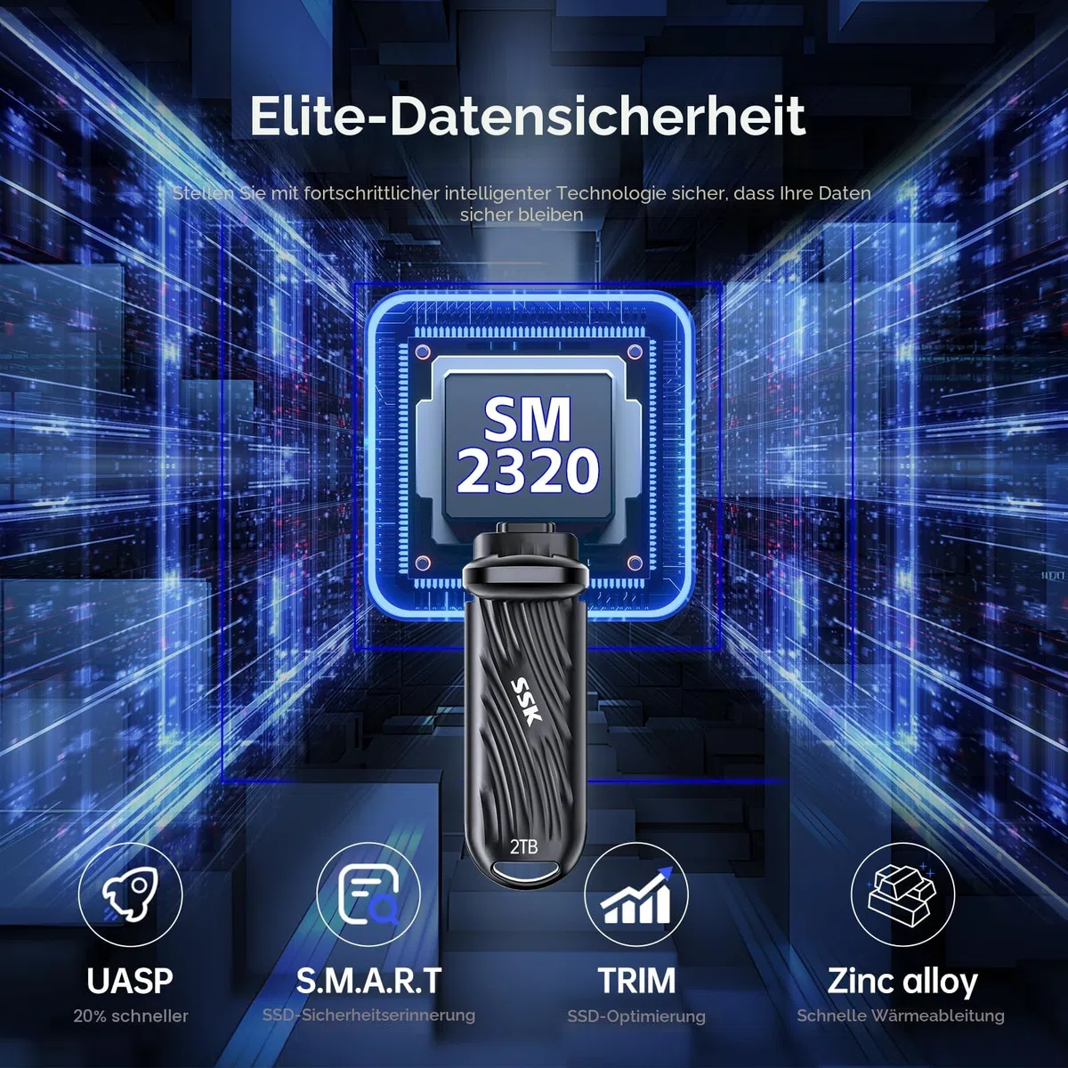 SSK USB 2TB Externe SSD mit bis zu 2000 MB/s, Typ-c Externe Festplatte Solid State Laufwerke USB 3.2 Gen 2X2 Memory Stick für iPhone15/16 Pro ProRes Mac/WTG/Android, Zinklegierung